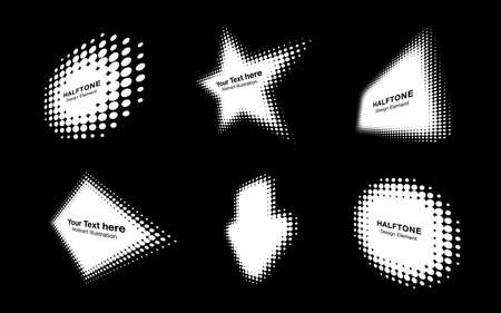White halftone circle dots perspective logo emblem design element for technology, medical, treatment, cosmetic. Set half tone frame banners. Vector illustration.のイラスト素材