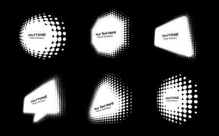 White halftone circle dots perspective logo emblem design element for technology, medical, treatment, cosmetic. Set half tone frame banners. Vector illustration.のイラスト素材