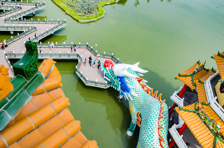 Dragon pagoda entrance and green lotus pond from top view (day time) in Kaohsiung city, Taiwan (selective focus)のeditorial素材
