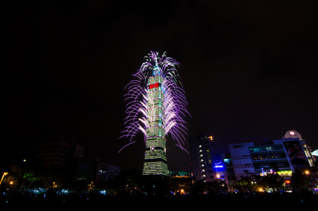TAIPEI, Taiwan - January 1, 2013: New Year Fireworks of Taipei 101 at night time to celebrate happy...