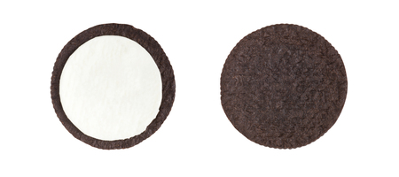 Cookies and cream close-up shot of inner side of milk cream filling and crusts (no trademark or brand) isolated on white background (Clipping path included)の写真素材