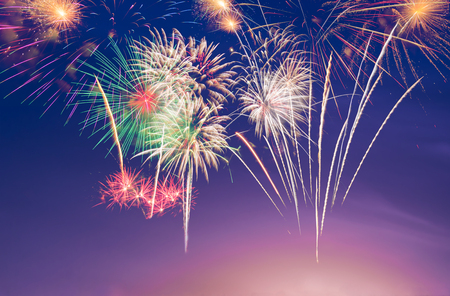 Colourful Fireworks on blue, pink, violet and purple twilight background with copy space to celebrate happy new year or special occasions, holidays event celebration concept in sweet love colour for Valentines'の写真素材