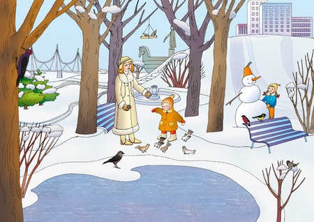   Young children play in the park on the waterfront in the winterの写真素材