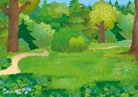   Forest landscape with paths and a squirrelの写真素材
