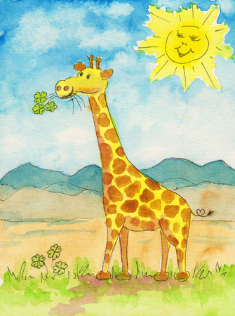 Giraffe eating glover watercolor paintingの写真素材