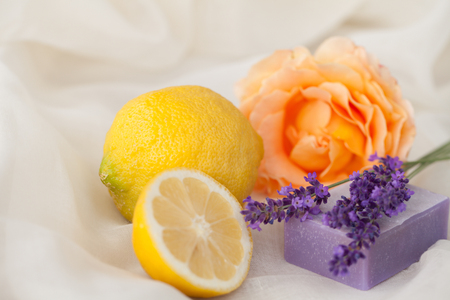 Lemon and lavender aromatherapy with lavender soap and roseの写真素材