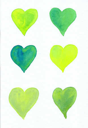 Green hearts watercolor paintingの写真素材