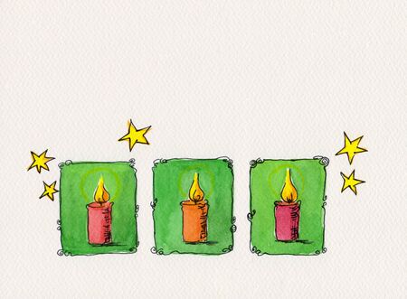 Three burning candles with stars watercolor paintingの写真素材