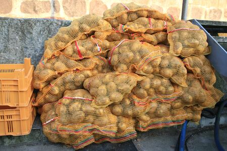 Potato bags on farmers marketの写真素材