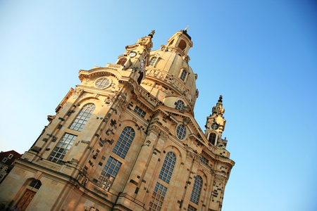 Tower of the Dresden Frauenkirche in Germanyの写真素材