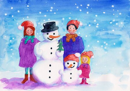 Family with sowman watercolor paintingの写真素材