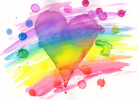 Rainbow heart with paint splashes watercolor paintingの写真素材