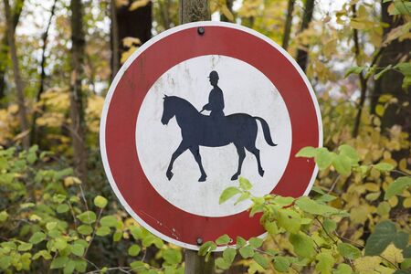 Horse riding forbidden sign in a forestの写真素材