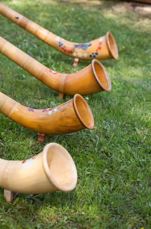 Swiss alphorns traditional musical instrumentsの写真素材