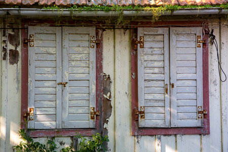 Old weathered closed wooden shutters in an abandoned houseの写真素材