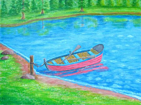 red boat on the lakeの写真素材