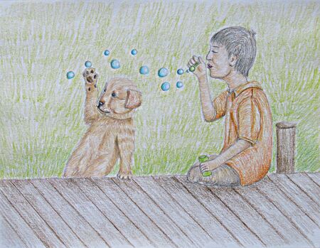 playing and blowing bubblesの写真素材