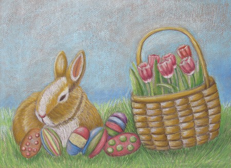 Easter rabbit day with flowersの写真素材