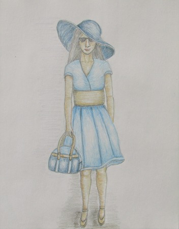 blue short dress with handbagの写真素材