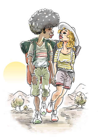 Multinational young couple are trekking on the hillsの写真素材