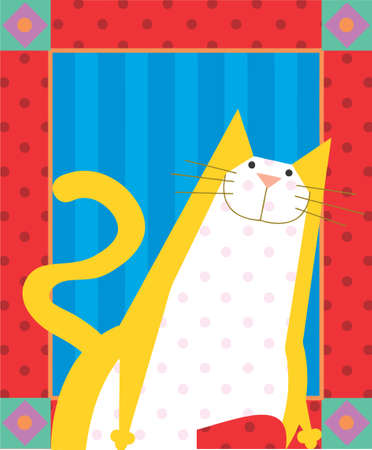 Yellow cat with dots are smiling in a greeting card designの写真素材