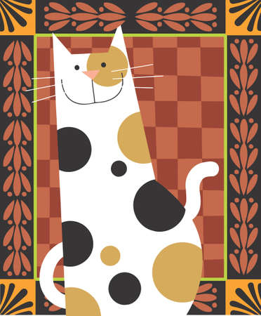spotty cat is smiling in a decorative backgroundの写真素材