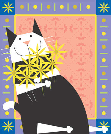 black   white cat is smiling in a decorative designの写真素材