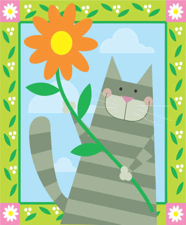 cute gray cat is holding a flowerの写真素材
