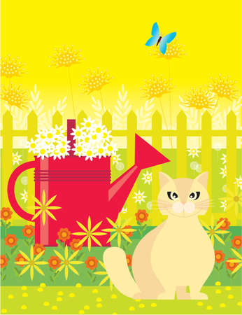 A pink cat is  sitting in the garden amongst flowersの写真素材