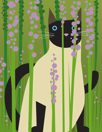 A Siamese cat sites amongst the flowersの写真素材