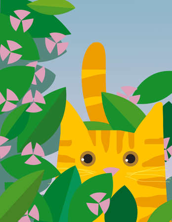 A yellow striped cat amongst flowerの写真素材