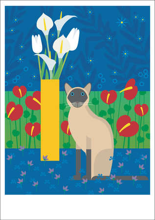 A Siamese cat is sitting next to a yellow vase の写真素材