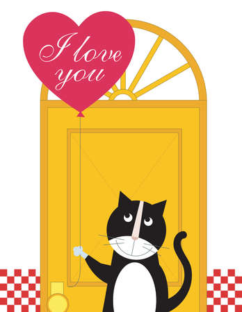 A black and white cat is holding a heart shaped balloon の写真素材