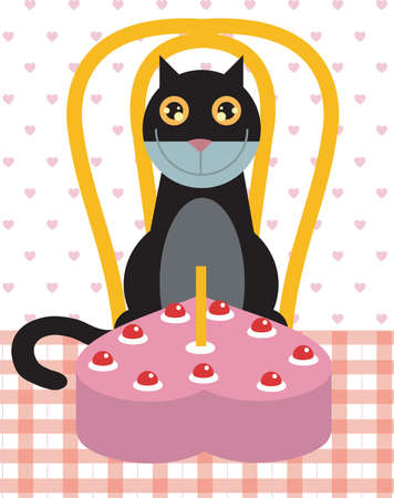  A black cat is having a birthday with heart shaped cakeの写真素材