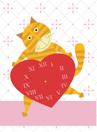 A yellow cat is holding a red heart shaped clockの写真素材