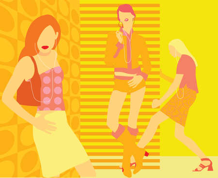 An illustration of three fashionable ladies with colorful backgroundの写真素材