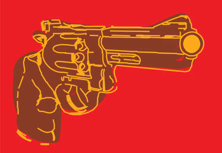 A brown illustrative gun with red backgroundの写真素材