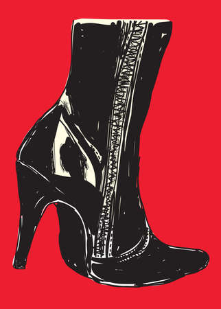 Black high heel boots with red backgroundの写真素材