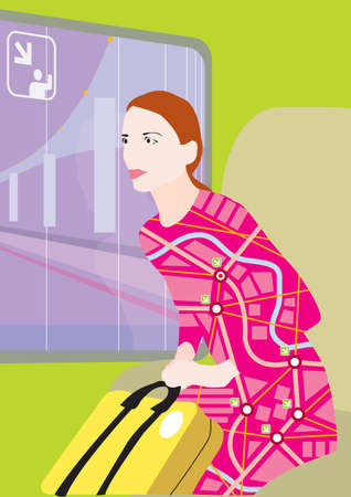 A map designed dress woman is pushing her yellow luggage at the airport or train stationの写真素材