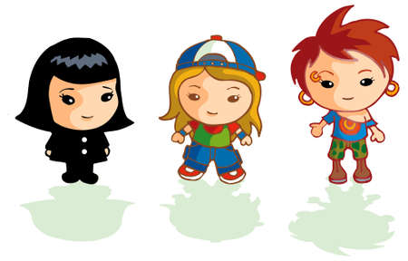 Three different cute girl characters dresses as different stylesの写真素材