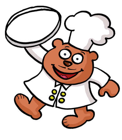 A cartoon bear chef is carrying an empty trayの写真素材