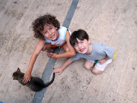 Two little boys and kittenのeditorial素材