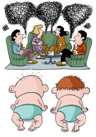 Babies watch their alcoholic parentsのイラスト素材