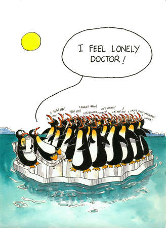 Penguins fell in to melted iceの写真素材