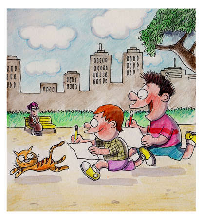 Boys are chasing and drawing a cat outdoorsの写真素材