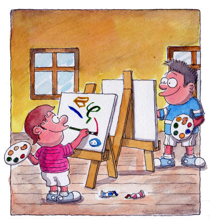 Boys are painting in the classの写真素材