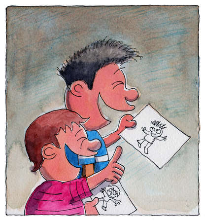 Two boys looking at drawingsの写真素材