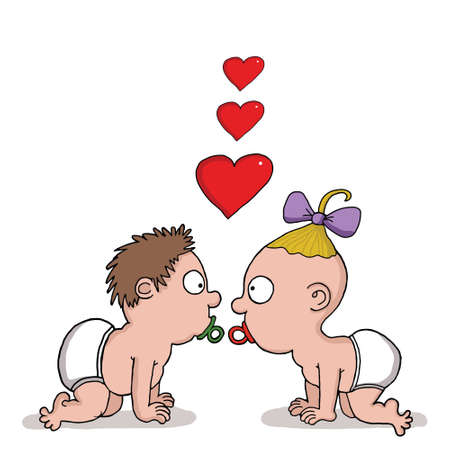 Cartoon drawing of two babies in Loveのイラスト素材