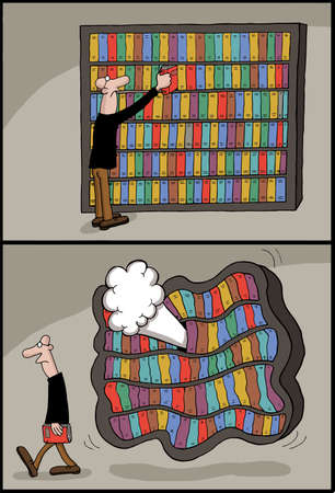 Conceptual cartoon of a man selecting book from bookcase which deflatesのイラスト素材