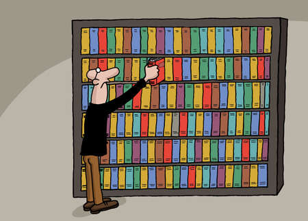 Cartoon of a man selecting book from bookcaseのイラスト素材